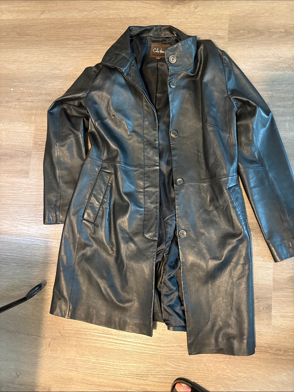 Cole Haan Black Leather Long Trench Coat